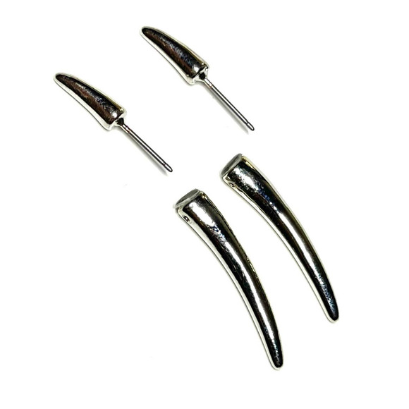 NEW Earrings Retro Front Back Spike Unique Raptor Claw Horn Trending Silver N23 - Picture 2 of 4